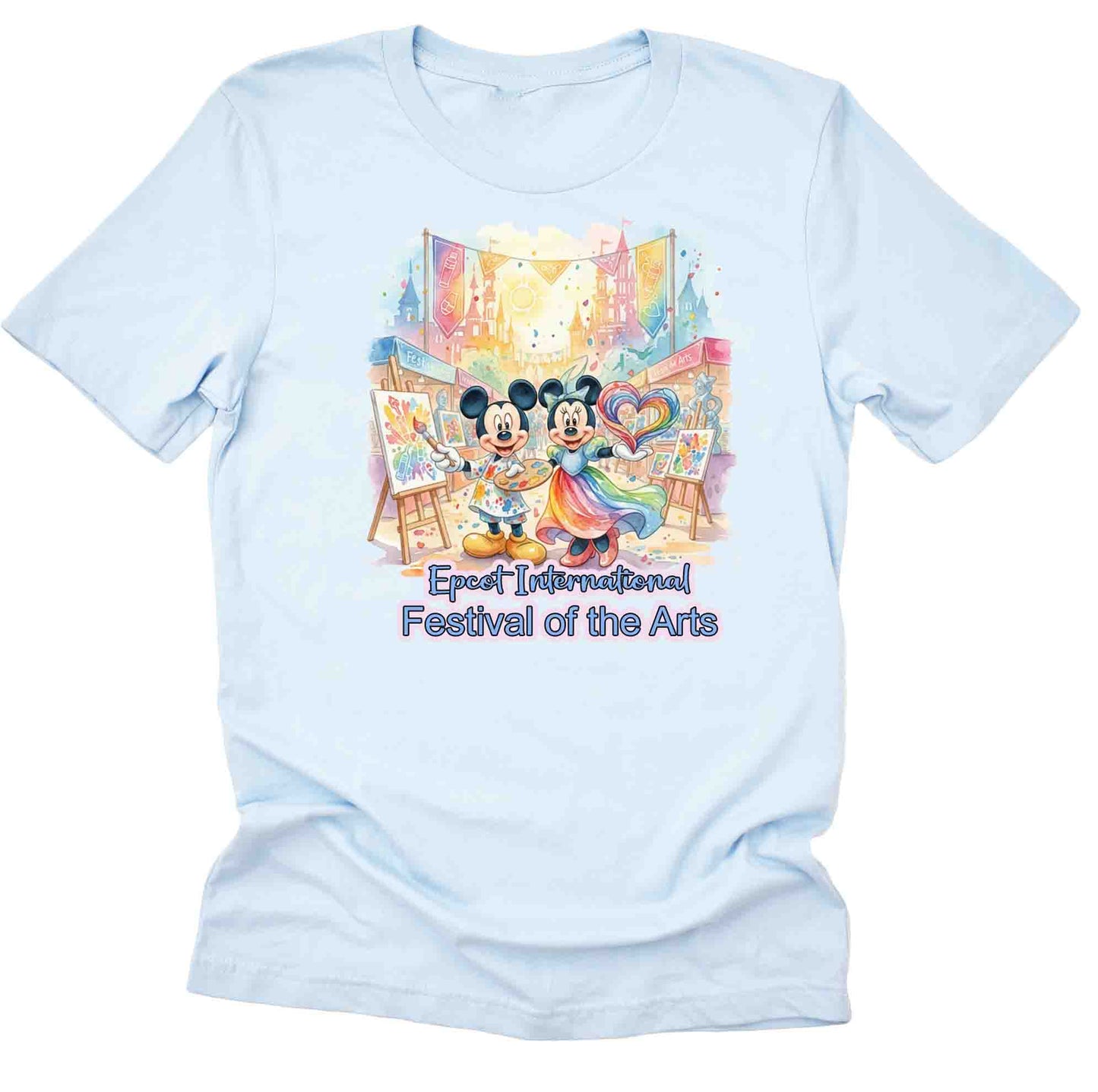 Light blue t-shirt with colorful graphic of Mickey and Minnie Mouse at Epcot International Festival of the Arts.