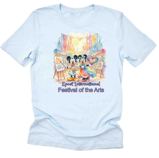 Light blue t-shirt with colorful graphic of Mickey and Minnie Mouse at Epcot International Festival of the Arts.