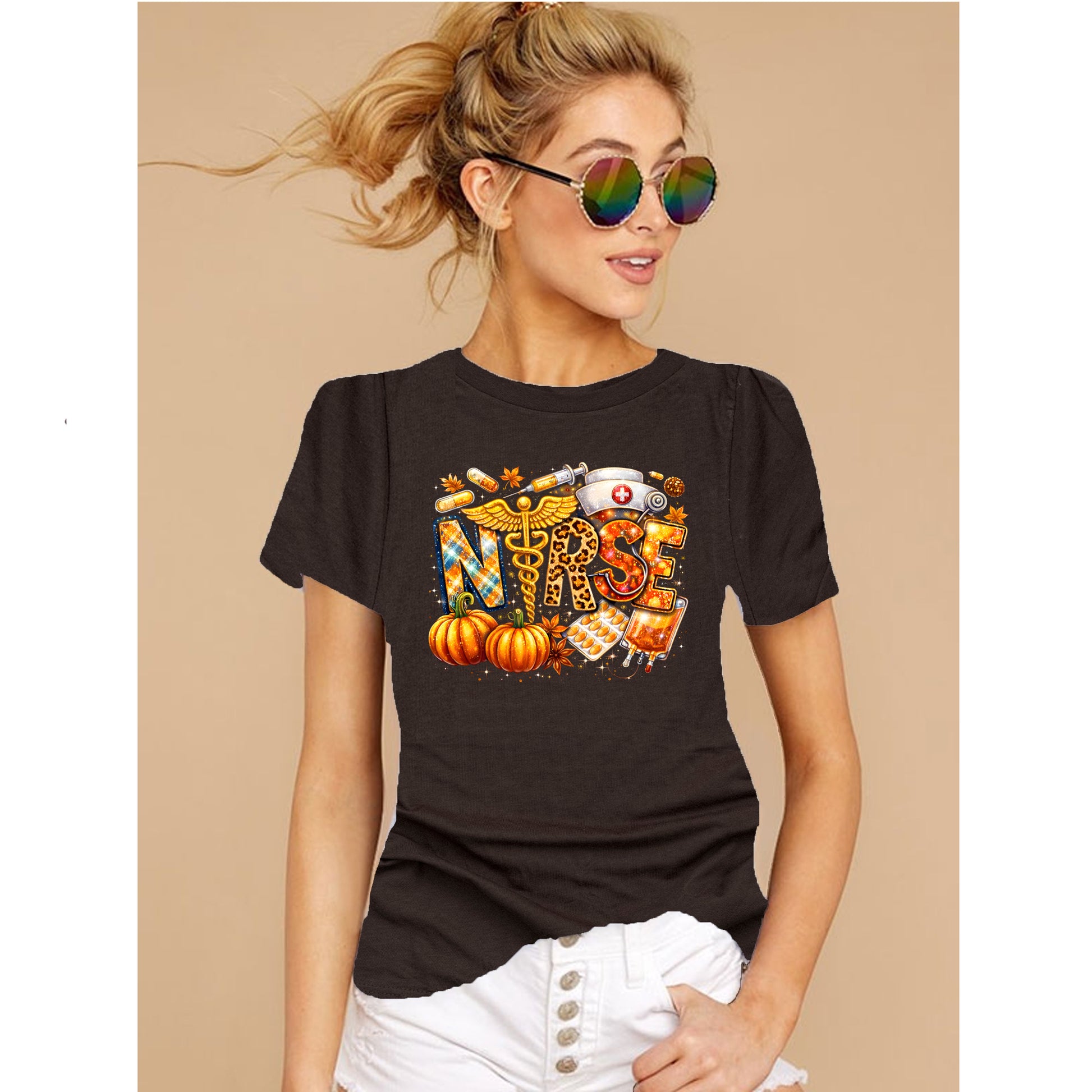 Brown fall nurse shirt with pumpkin and autumn design for RN nurses and healthcare workers sexy