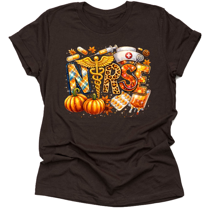Brown fall nurse shirt with pumpkin and autumn design for RN nurses and healthcare workers