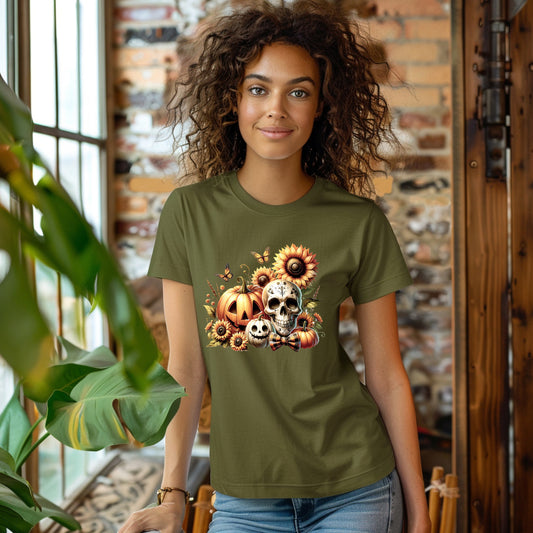 Pumpkin Skull Sunflower T-Shirt | Cute Graphic Tee