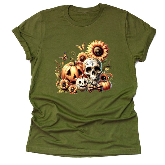 Pumpkin Skull Sunflower T-Shirt | Cute Graphic Tee