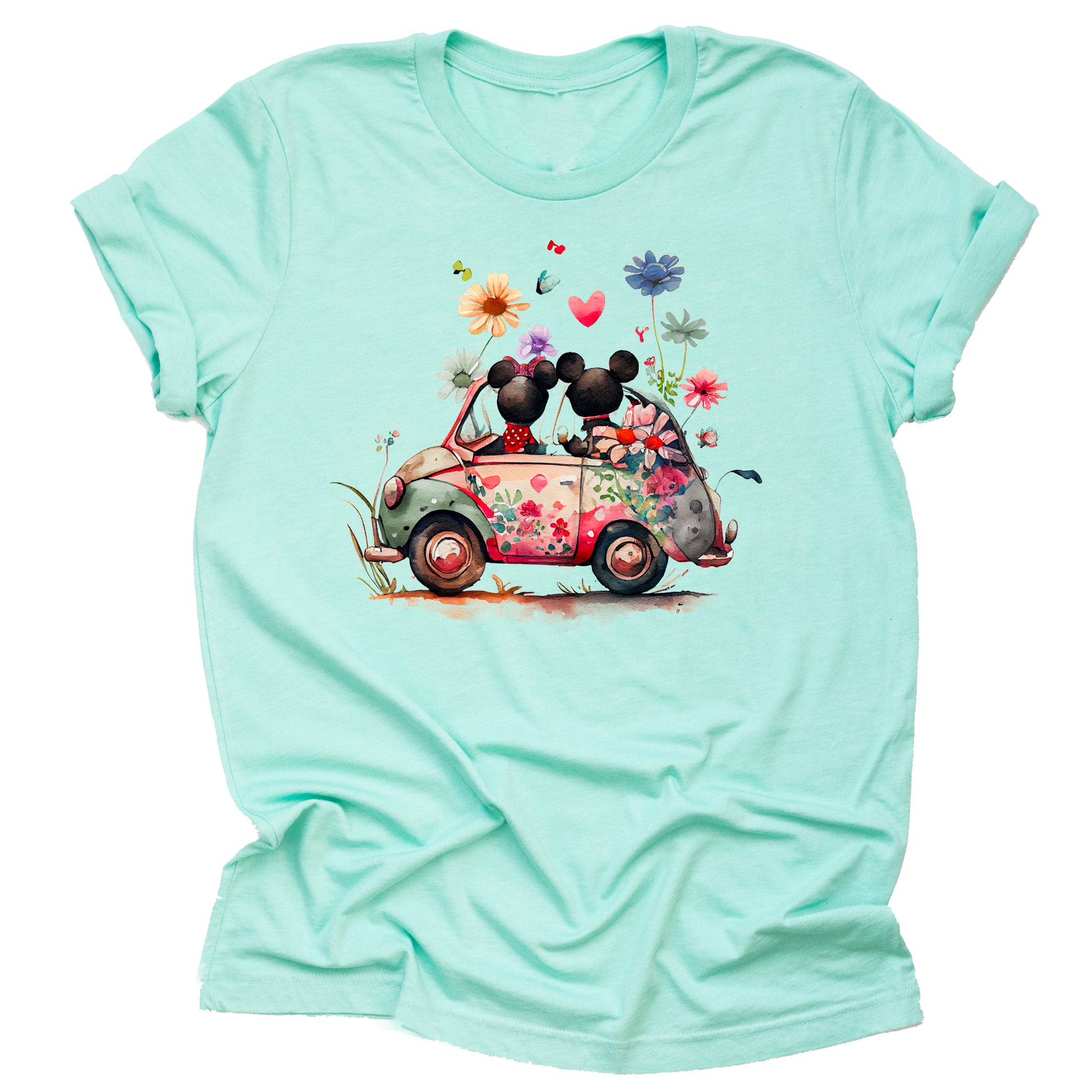 A mint unisex t-shirt featuring an artwork of Mickey and Minnie Mouse in a car surrounded by flowers.