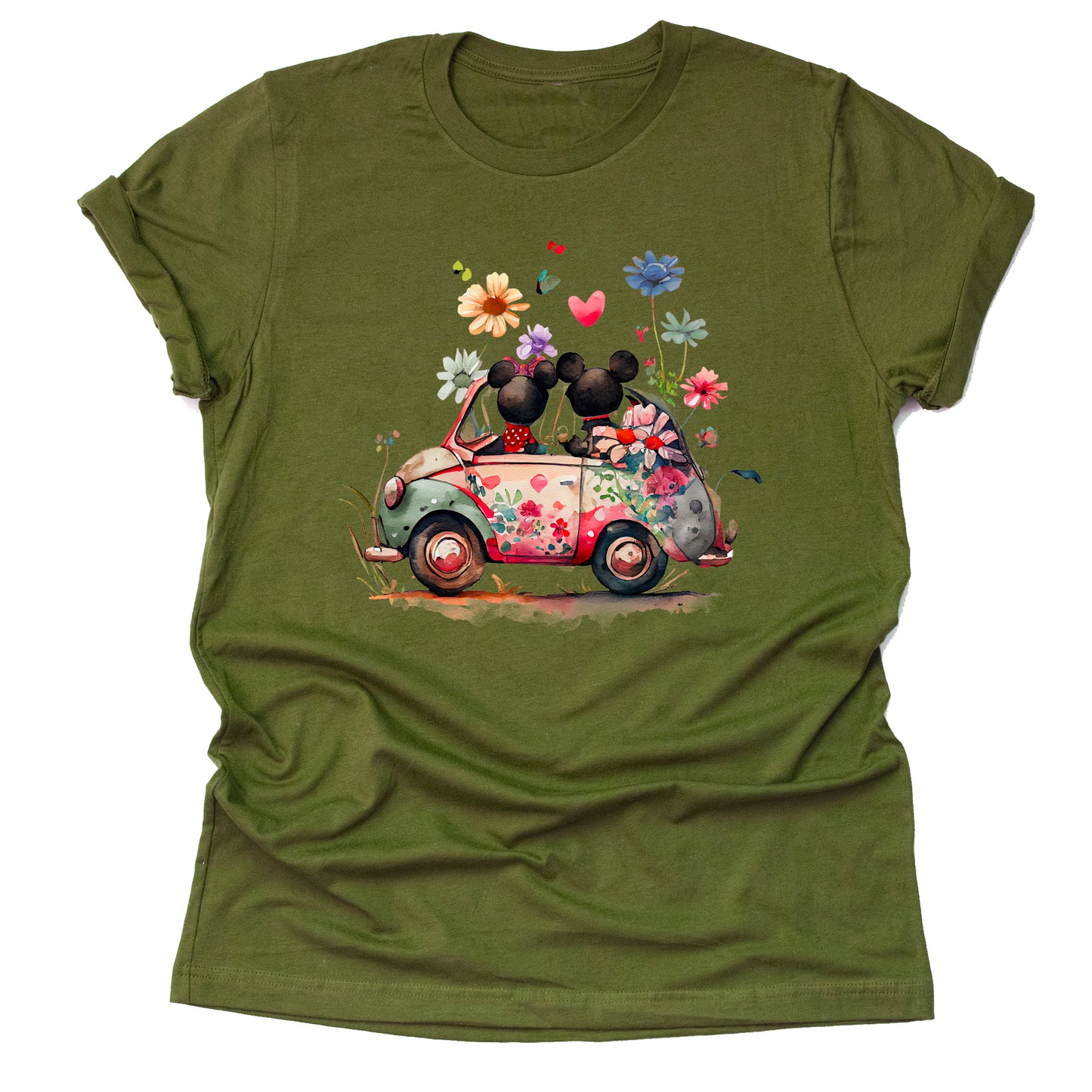 A olive unisex t-shirt featuring an artwork of Mickey and Minnie Mouse in a car surrounded by flowers.