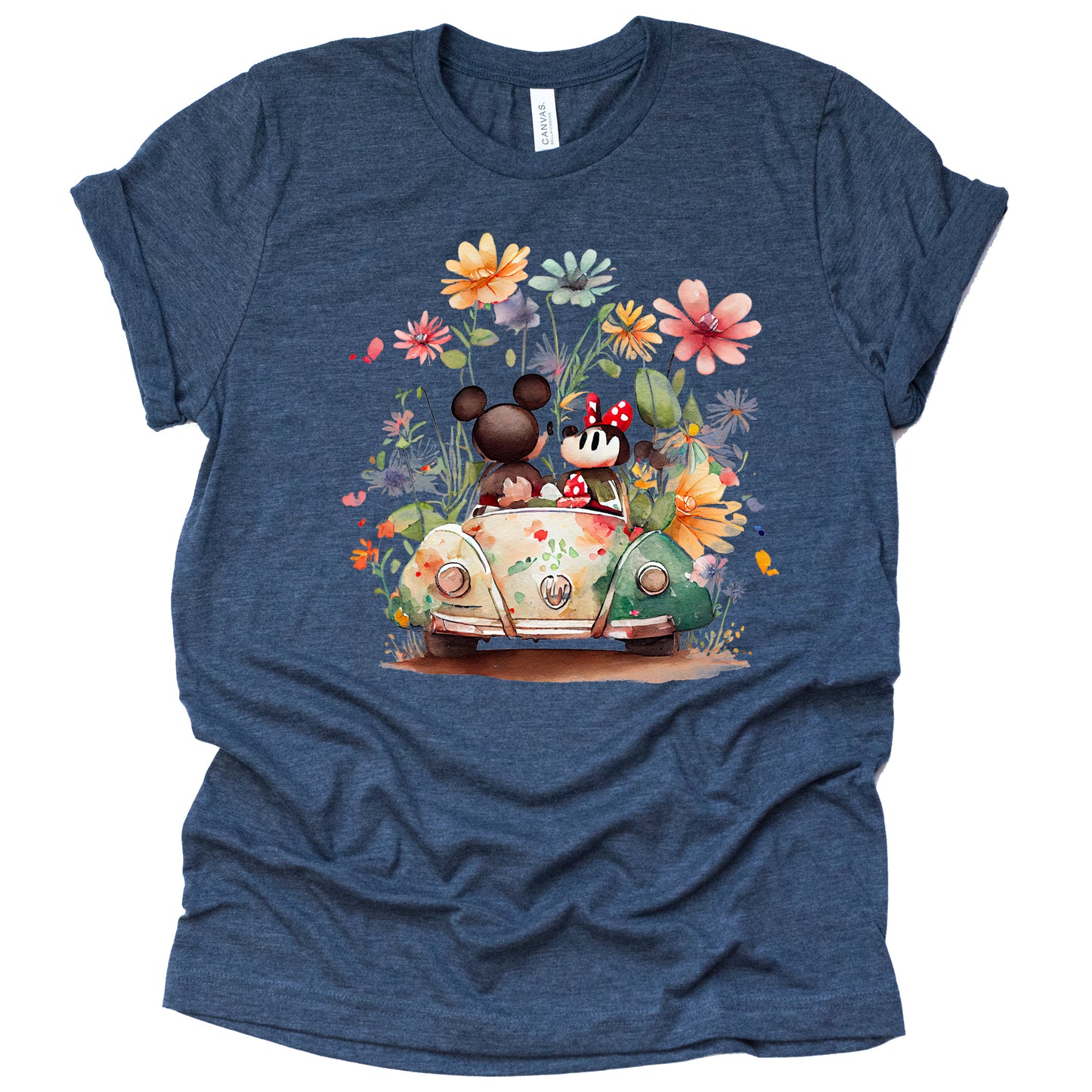A navy-colored unisex t-shirt featuring an illustration of Mickey and Minnie Mouse with flowers and a vehicle.