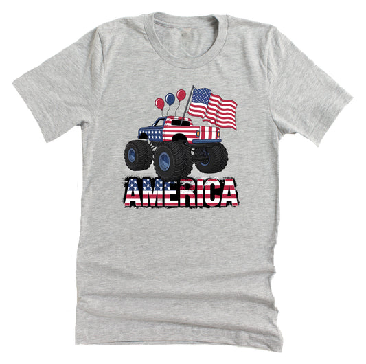 4th of July America monster truck American flag printed graphic tee shirt