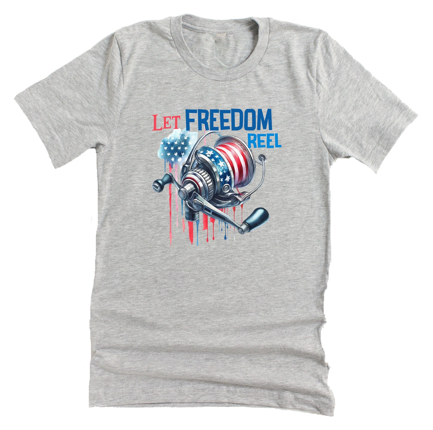 Patriotic bass fishing reel American flag printed graphic tee shirt