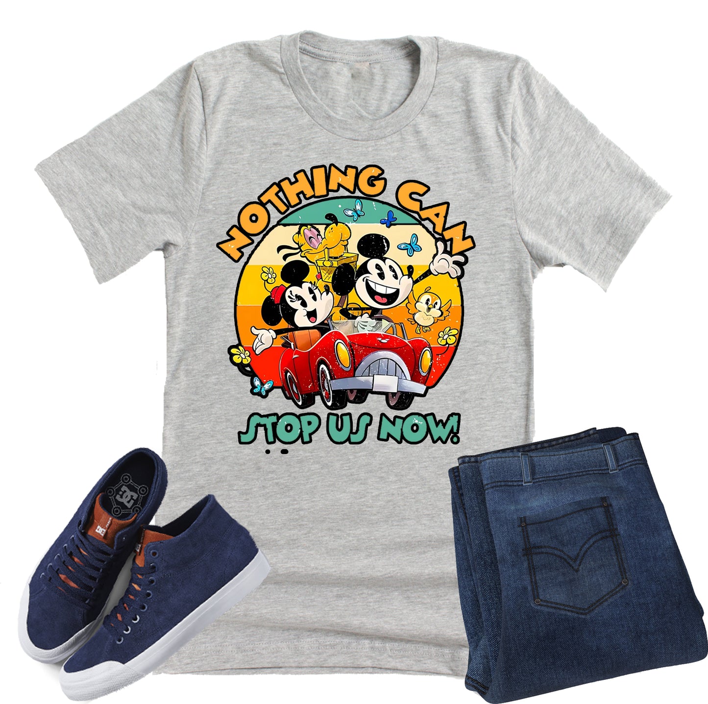 Gray t-shirt printed Nothing Can Stop Us Now Hollywood Studios graphic tee with theme park inspired design