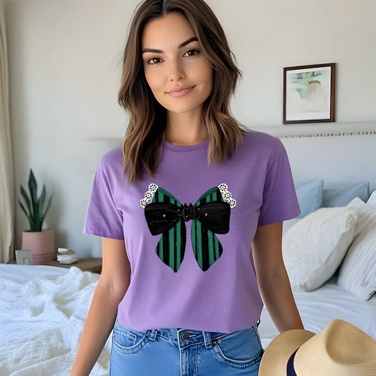 Haunted bow purple spooky graphic tee with gothic striped bow design