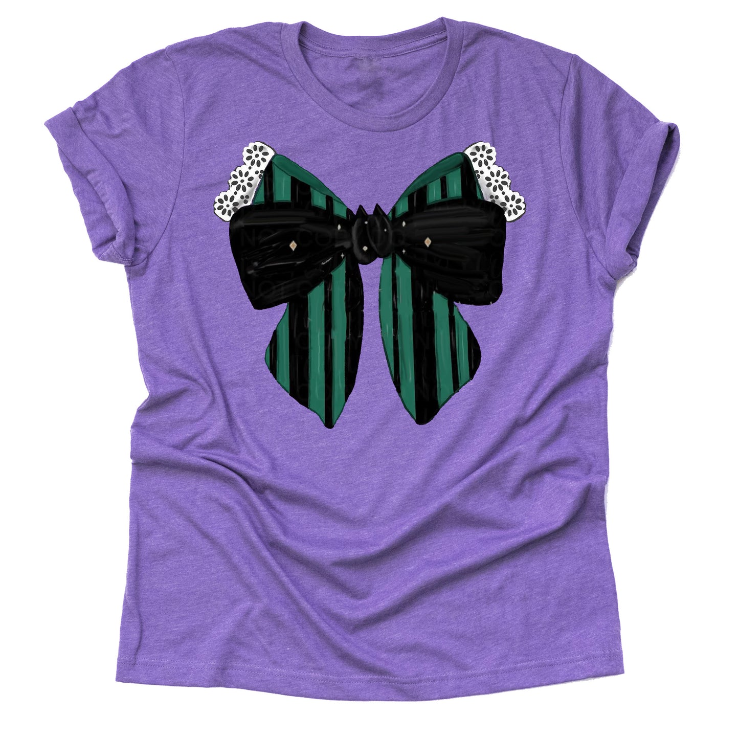 Haunted bow purple spooky graphic tee with gothic striped bow design