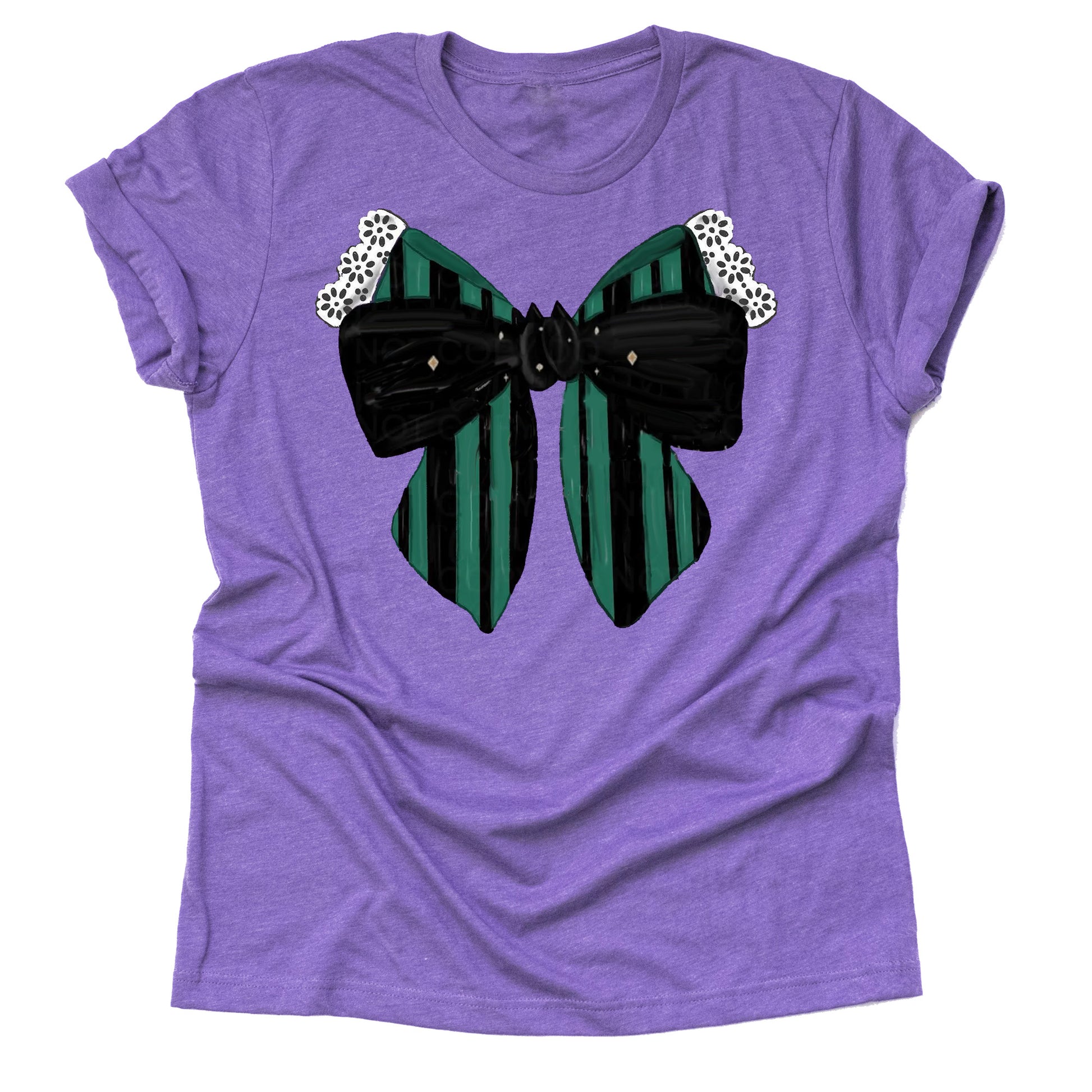 Haunted bow purple spooky graphic tee with gothic striped bow design