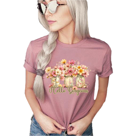 Hello Gorgeous printed floral shirt with flower graphic design