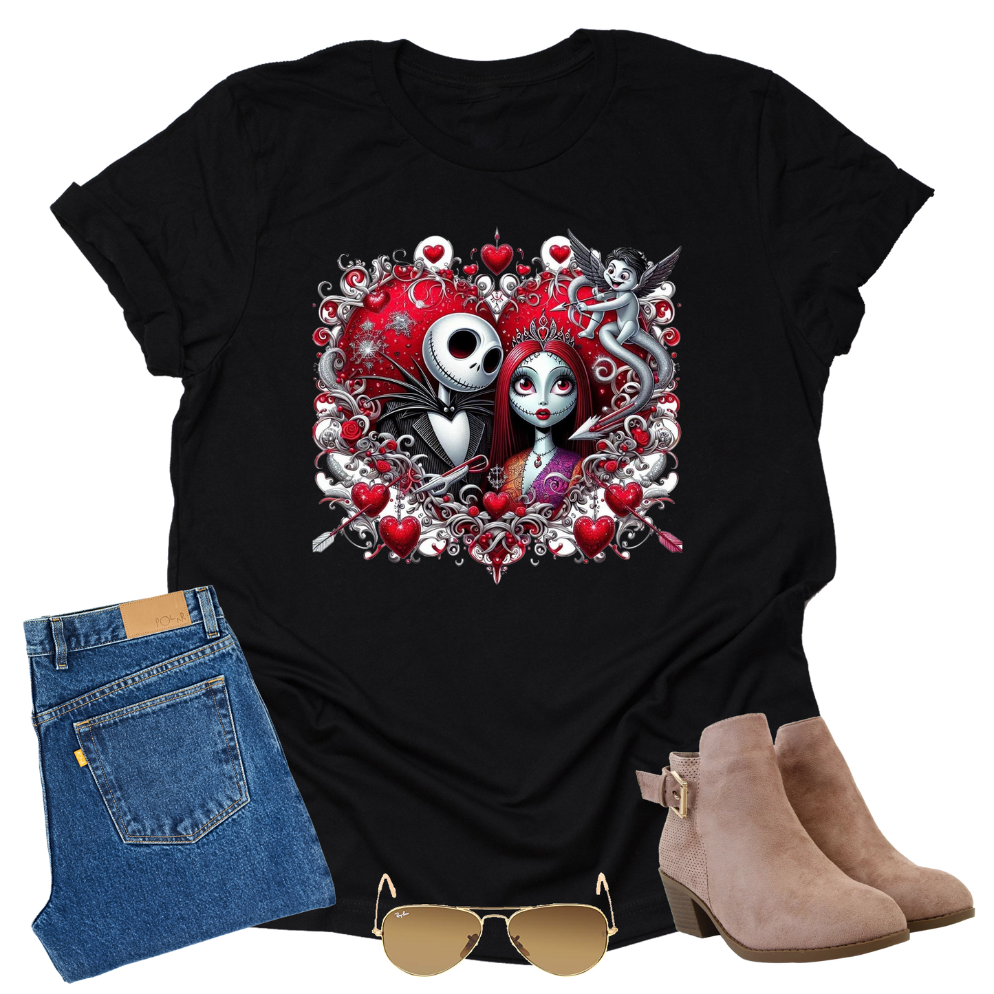 A black unisex short sleeve t-shirt featuring a graphic design of the characters Jack and Sally Skellington from 'The Nightmare Before Christmas', surrounded by decorative hearts and gothic elements., paired with jeans, boots, and sunglasses on a white background.