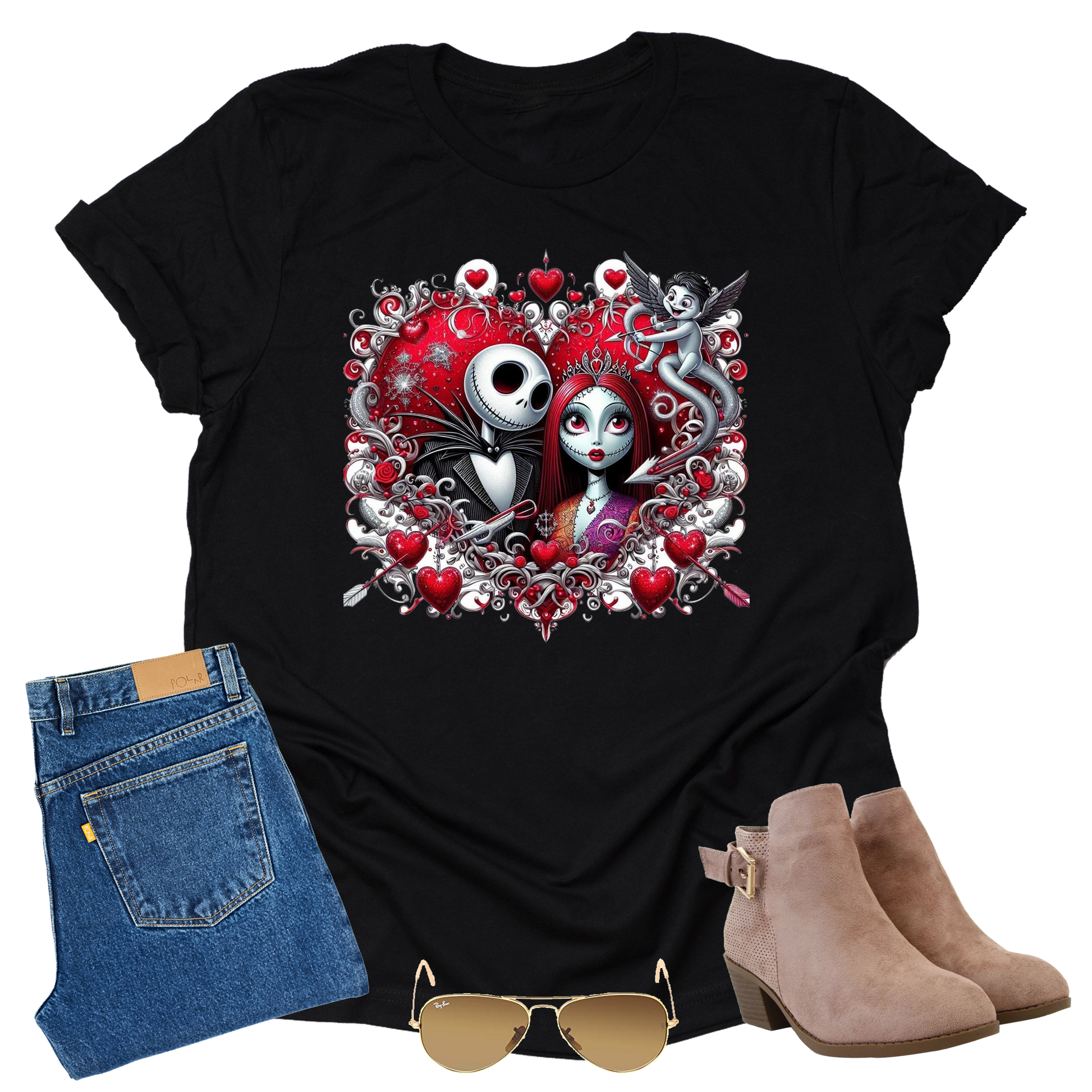 A black unisex short sleeve t-shirt featuring a graphic design of the characters Jack and Sally Skellington from 'The Nightmare Before Christmas', surrounded by decorative hearts and gothic elements., paired with jeans, boots, and sunglasses on a white background.