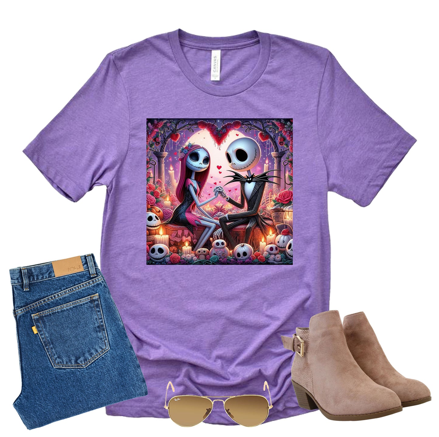 A purple unisex short sleeve shirt featuring a graphic design of Jack and Sally holding hands amidst hearts, with a gothic style backdrop. paired with jeans, sunglasses and boot on a white background