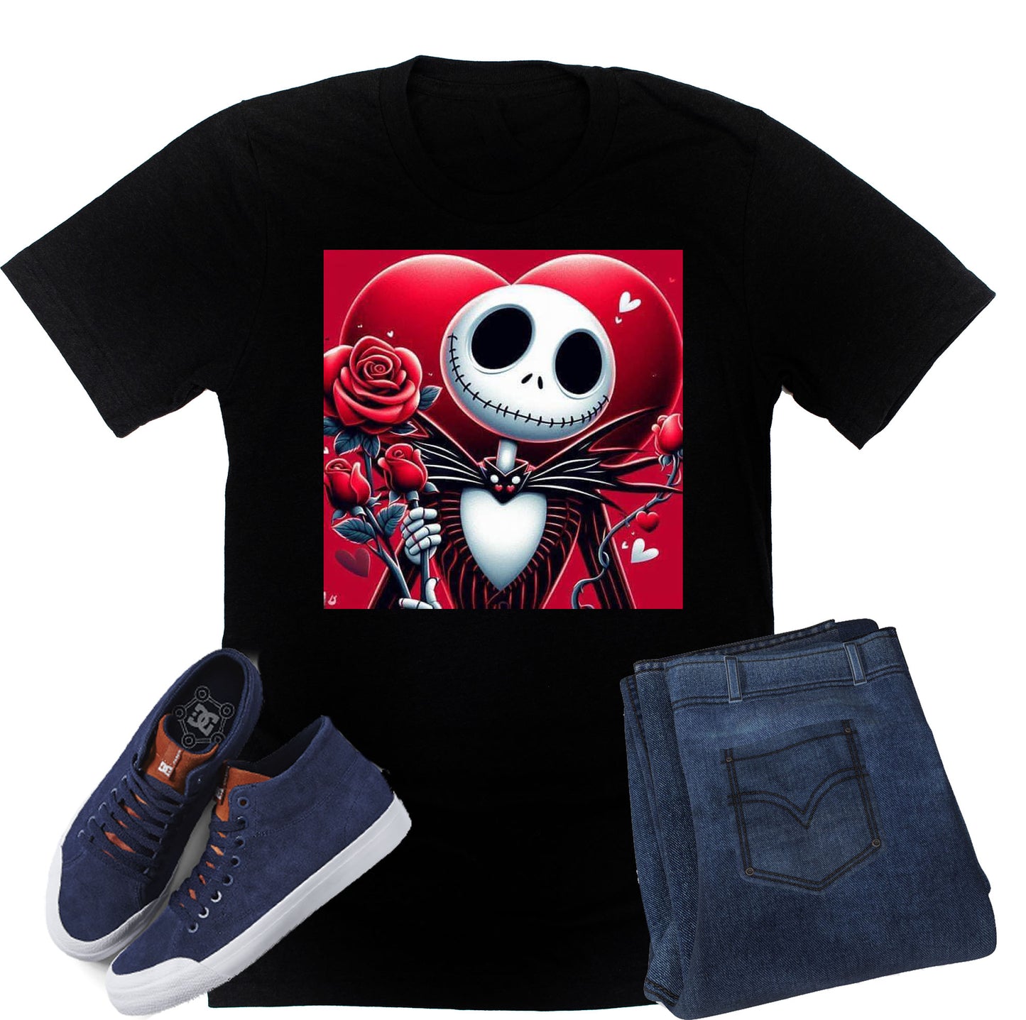 A black unisex short-sleeve t-shirt featuring a graphic design of Jack Skellington from 'The Nightmare Before Christmas' surrounded by red hearts and a skull, with a red background, navy sneakers, and blue jeans on a white background