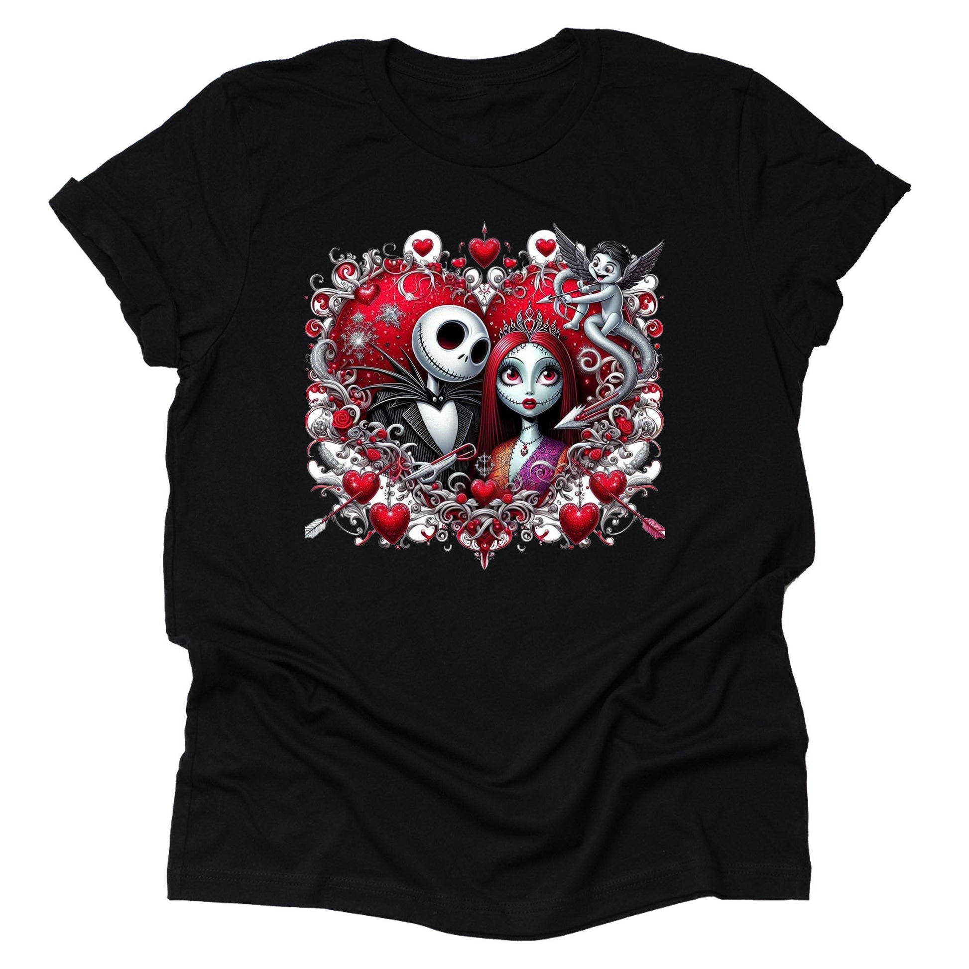 A black unisex short sleeve t-shirt featuring a graphic design of the characters Jack and Sally Skellington from 'The Nightmare Before Christmas', surrounded by decorative hearts and gothic elements.