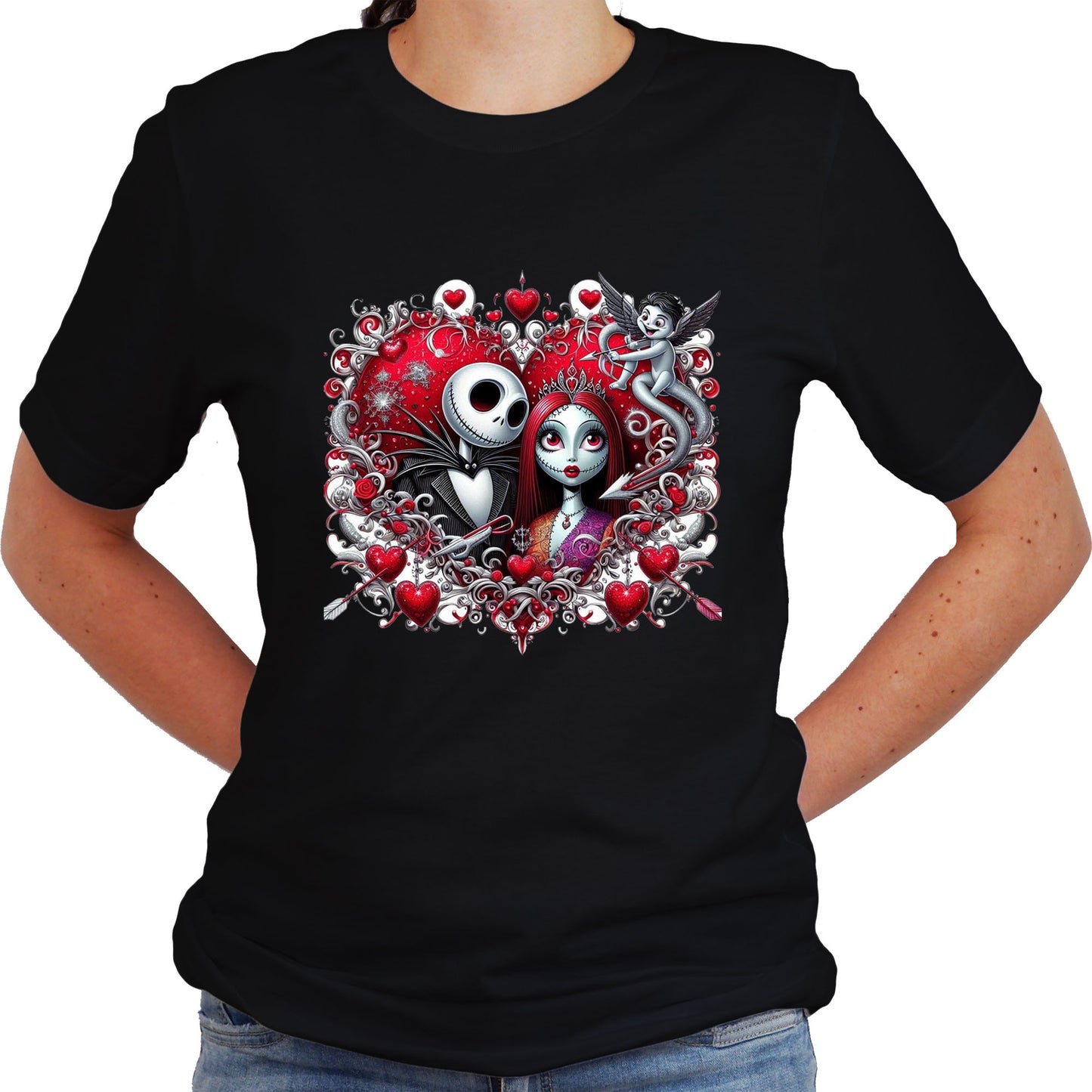 Woman wearing a A black unisex short sleeve t-shirt featuring a graphic design of the characters Jack and Sally Skellington from 'The Nightmare Before Christmas', surrounded by decorative hearts and gothic elements.