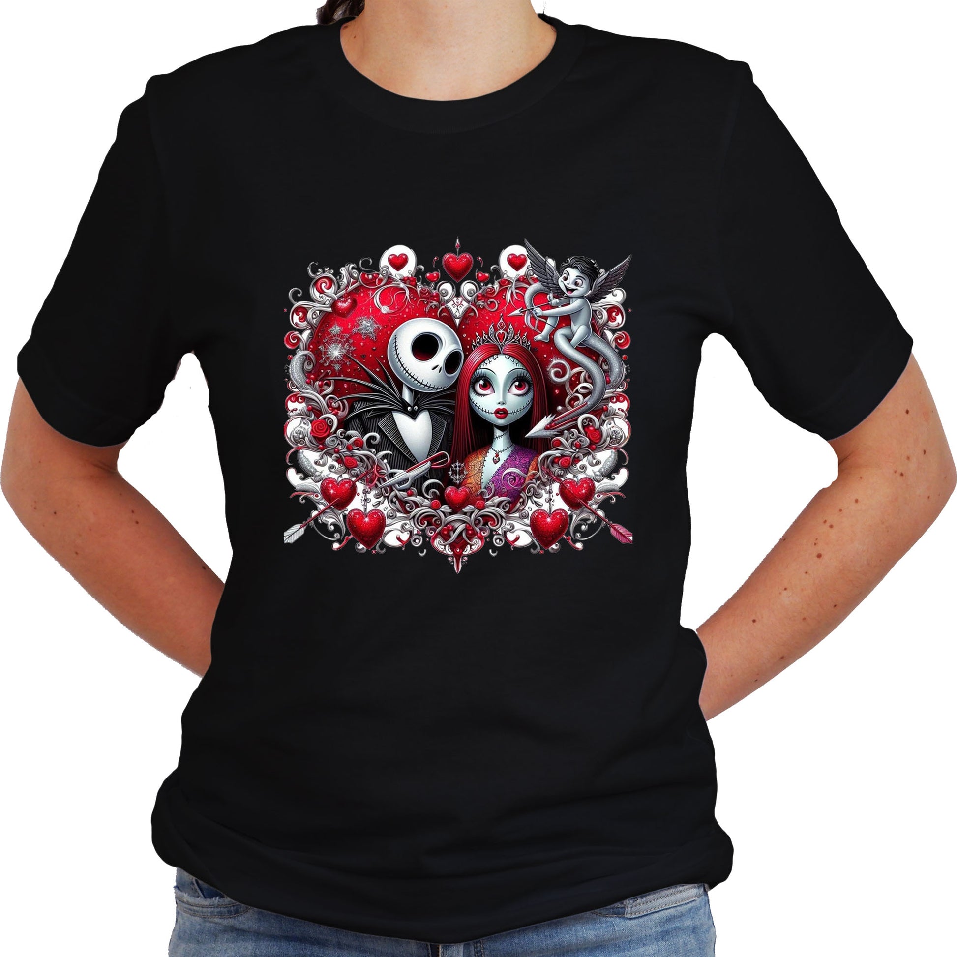 Woman wearing a A black unisex short sleeve t-shirt featuring a graphic design of the characters Jack and Sally Skellington from 'The Nightmare Before Christmas', surrounded by decorative hearts and gothic elements.
