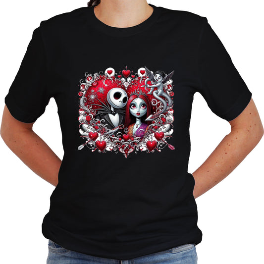 Woman wearing a A black unisex short sleeve t-shirt featuring a graphic design of the characters Jack and Sally Skellington from 'The Nightmare Before Christmas', surrounded by decorative hearts and gothic elements.