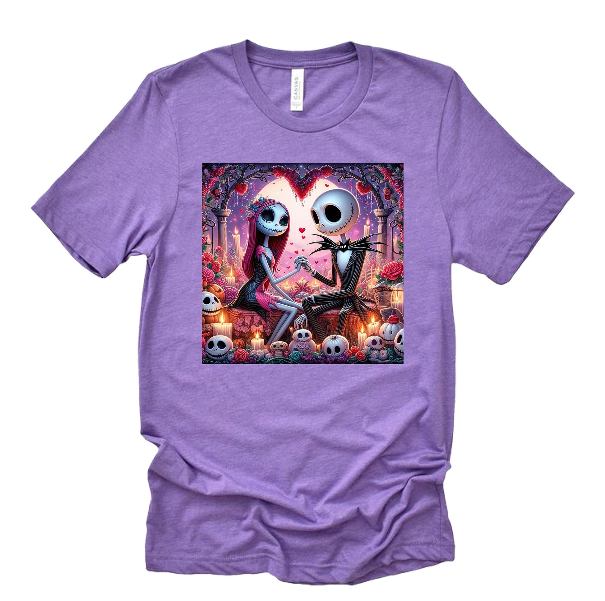 A purple unisex short sleeve shirt featuring a graphic design of Jack and Sally holding hands amidst hearts, with a gothic style backdrop.