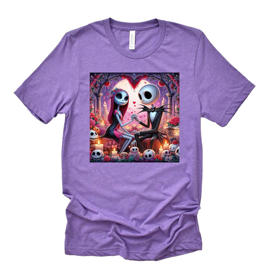 A purple unisex short sleeve shirt featuring a graphic design of Jack and Sally holding hands amidst hearts, with a gothic style backdrop.