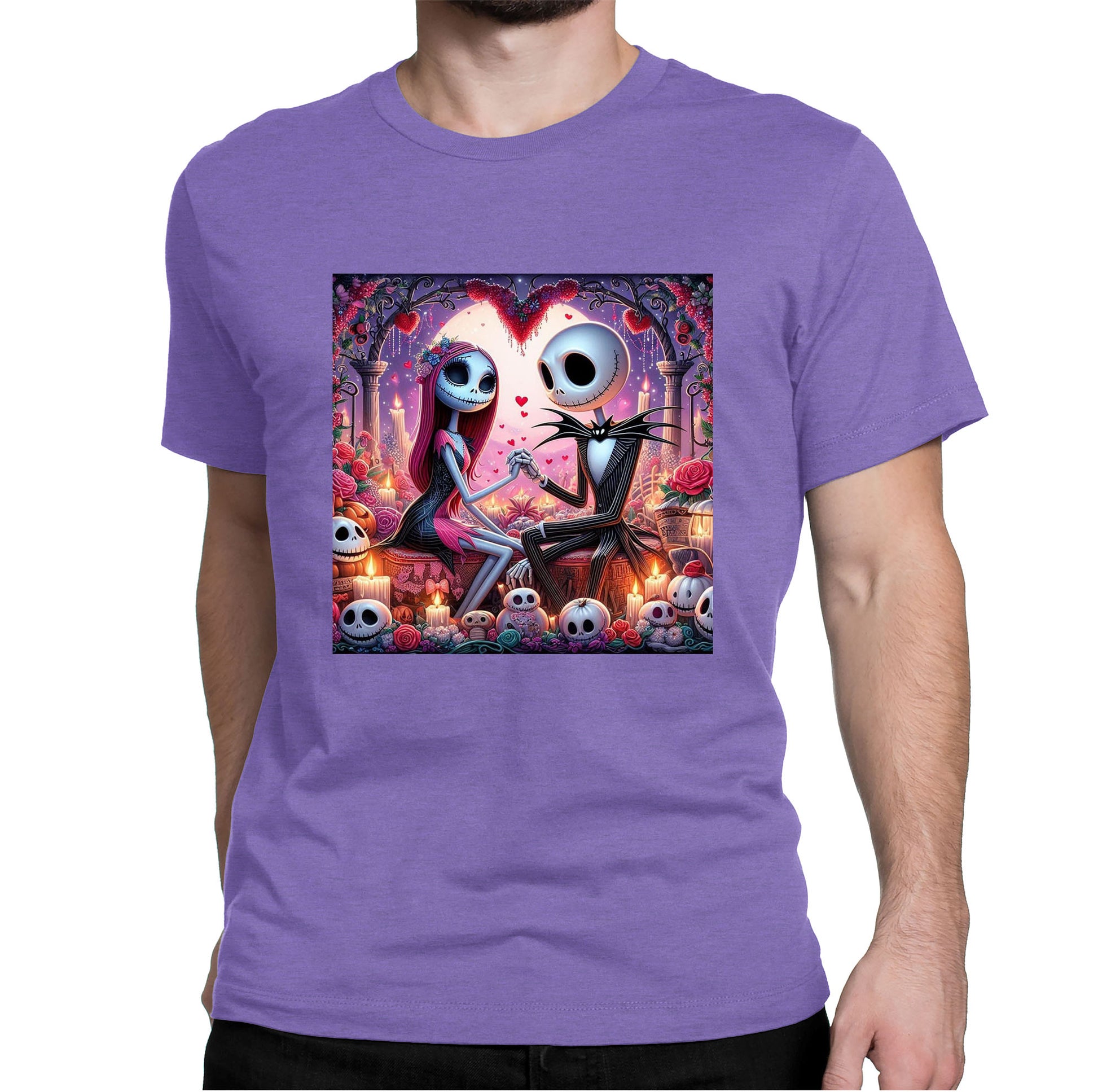 man wearing a purple unisex short sleeve shirt featuring a graphic design of Jack and Sally holding hands amidst hearts, with a gothic style backdrop.