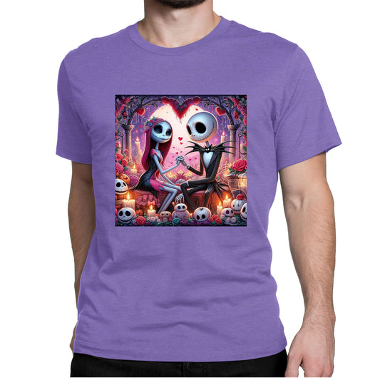 man wearing a purple unisex short sleeve shirt featuring a graphic design of Jack and Sally holding hands amidst hearts, with a gothic style backdrop.