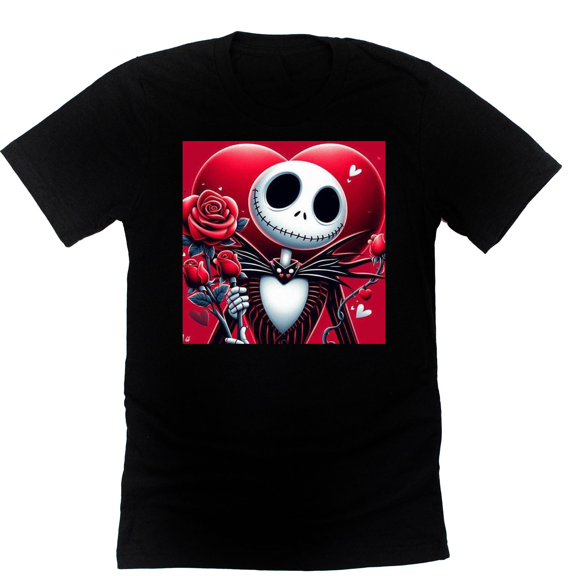 A black unisex short-sleeve t-shirt featuring a graphic design of Jack Skellington from 'The Nightmare Before Christmas' surrounded by red hearts and a skull, with a red background.