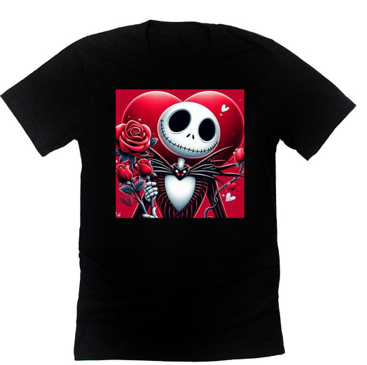 A black unisex short-sleeve t-shirt featuring a graphic design of Jack Skellington from 'The Nightmare Before Christmas' surrounded by red hearts and a skull, with a red background.