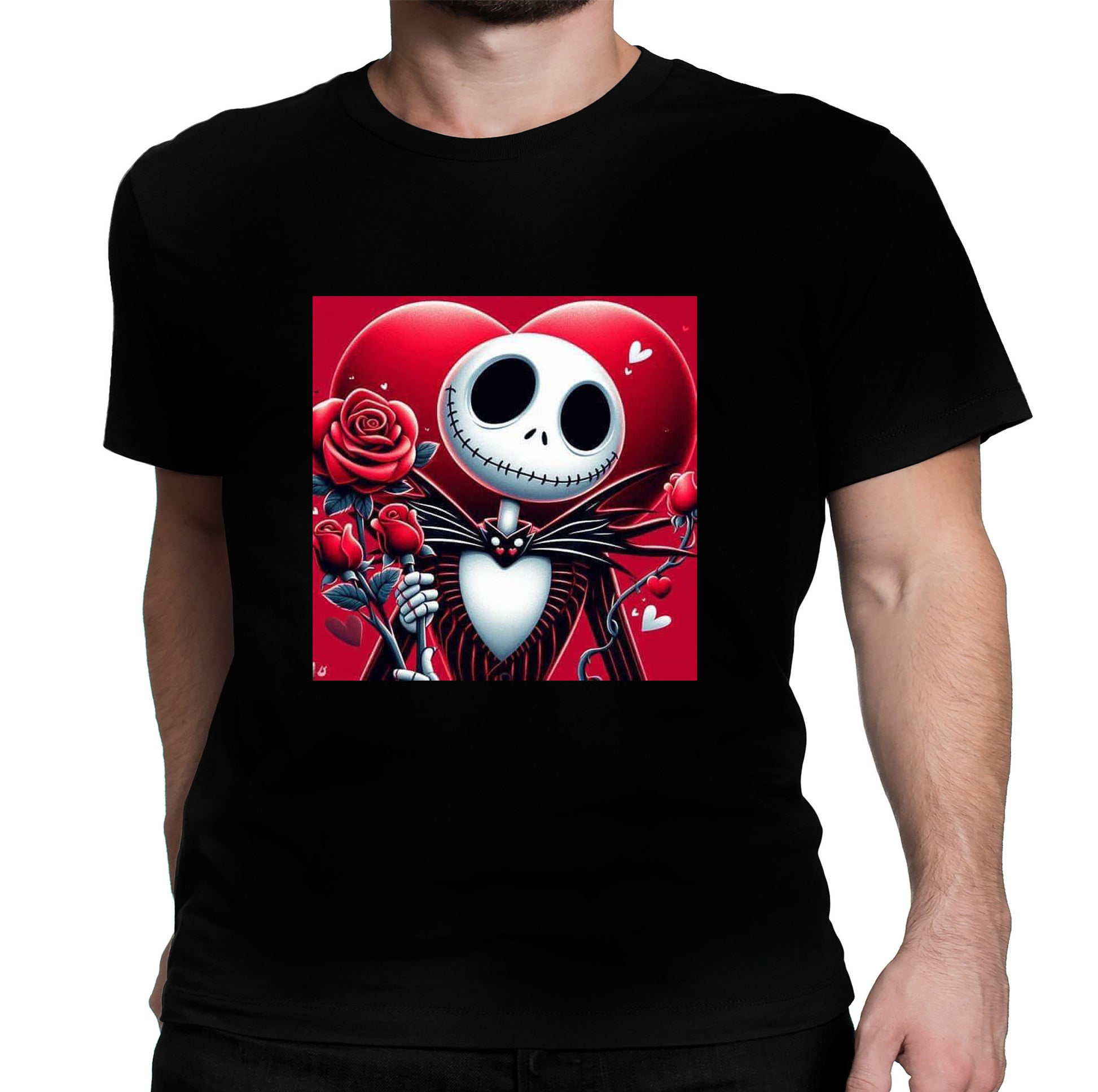 Man wearing a black unisex short-sleeve t-shirt featuring a graphic design of Jack Skellington from 'The Nightmare Before Christmas' surrounded by red hearts and a skull, with a red background.