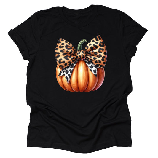 Pumpkin Leopard Bow Graphic T-Shirt for Fall Fashion