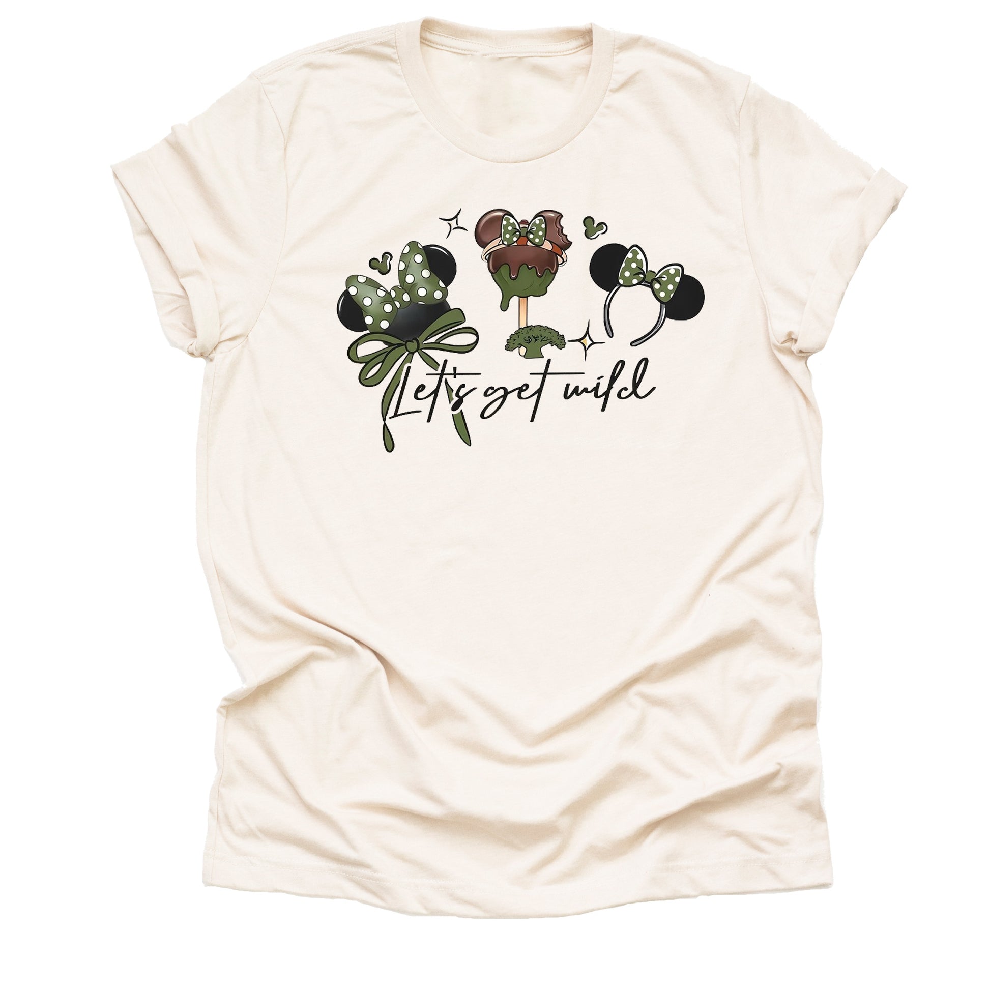 Beige t-shirt with green and brown Mickey snack and headbands graphic design and Let's get wild text