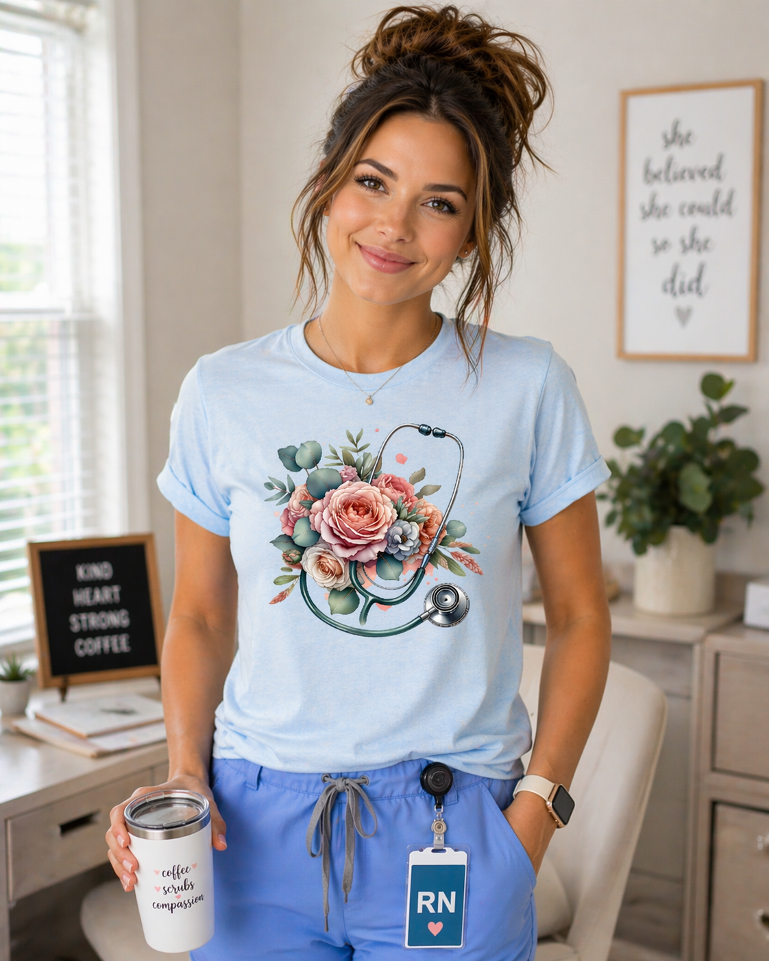 Light blue floral nurse gift shirt with stethoscope design – medical RN graphic tee for women