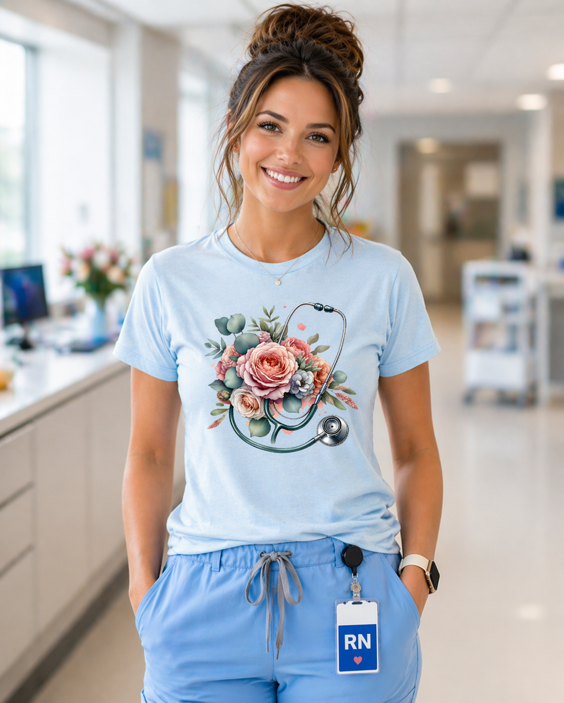 Light blue nurse shirt with floral stethoscope design – medical RN graphic tee for women