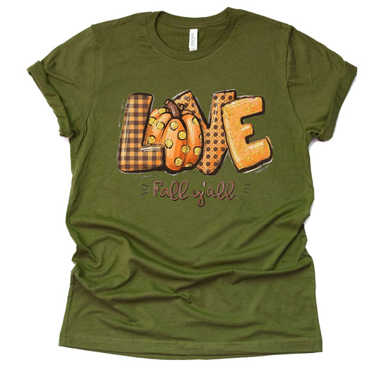 Fall Y'all Love T-Shirt | Casual Short Sleeve Tee for Autumn