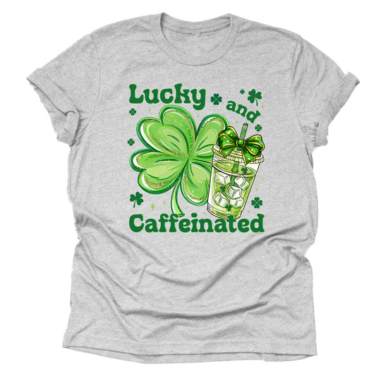 Lucky caffeinated St Patrick Day graphic tee for coffee lovers