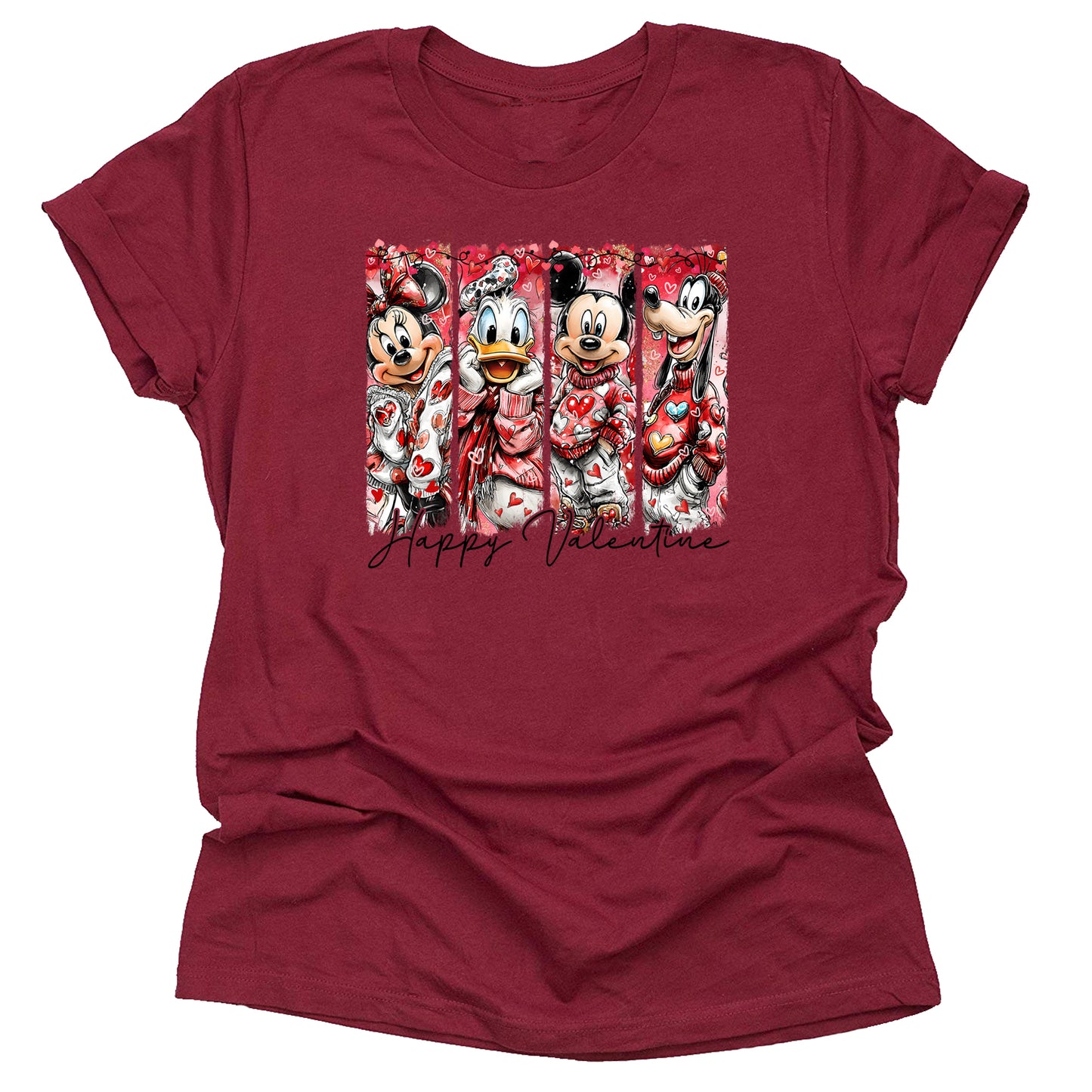 Maroon Mickey Happy Valentine hand drawn graphic tee with brush stroke design