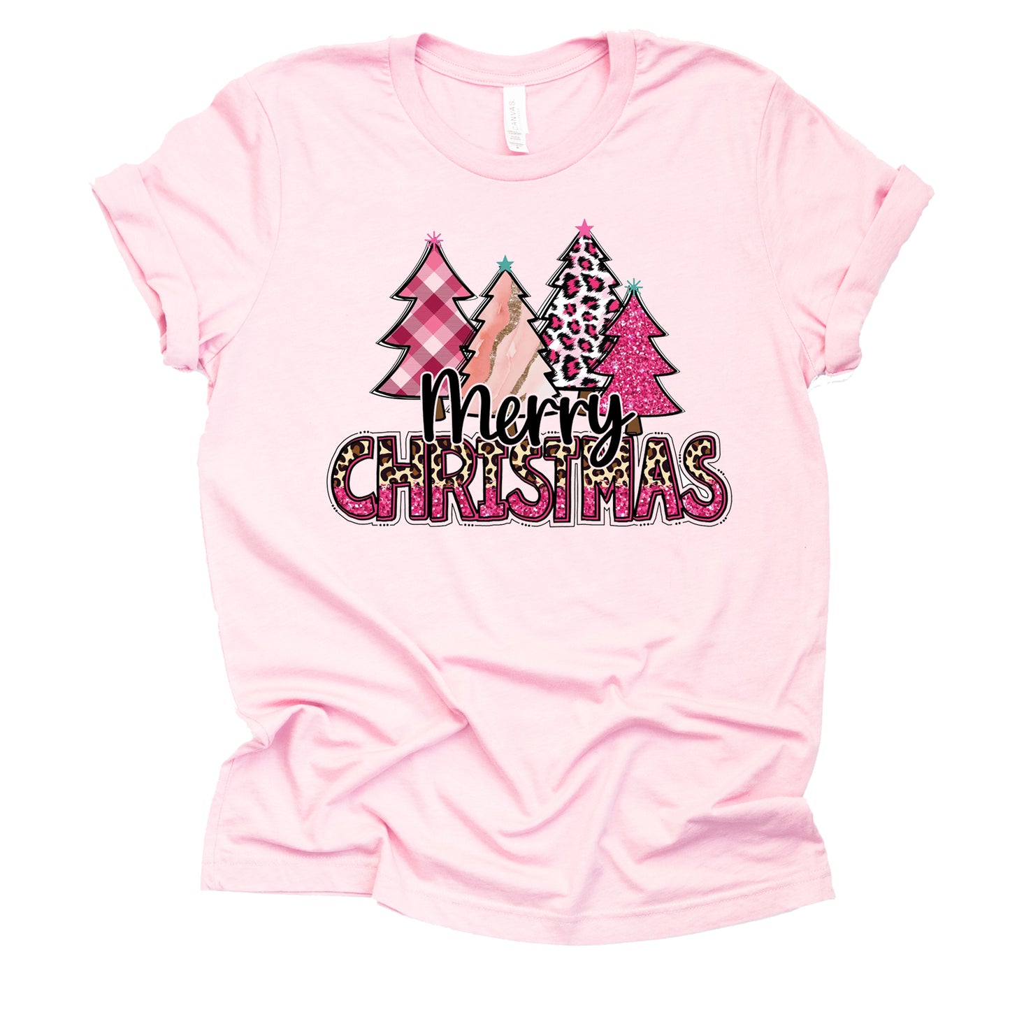 Merry Christmas Pink Leopard Plaid Trees Graphic Shirt