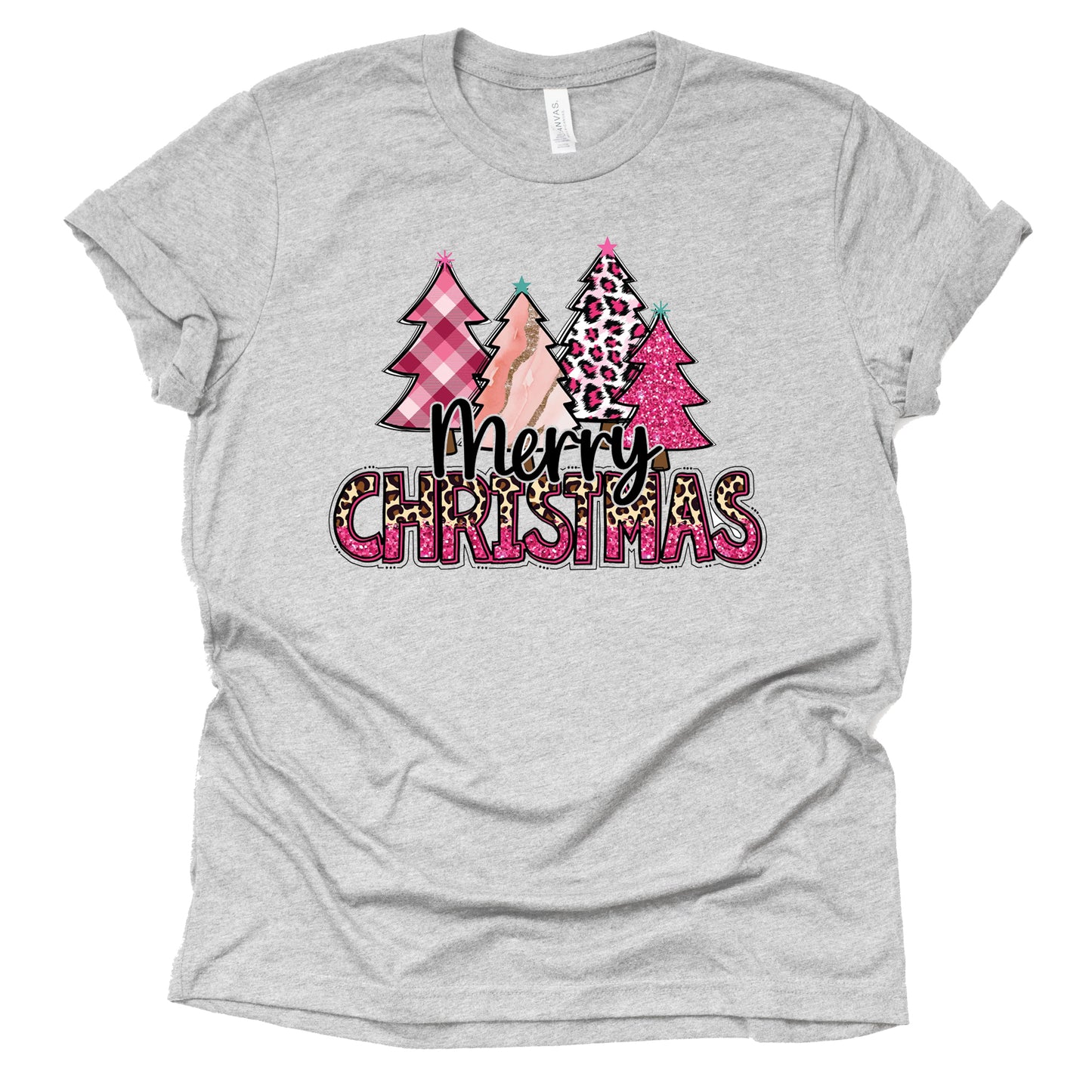 Merry Christmas Pink Leopard Plaid Trees Graphic Shirt