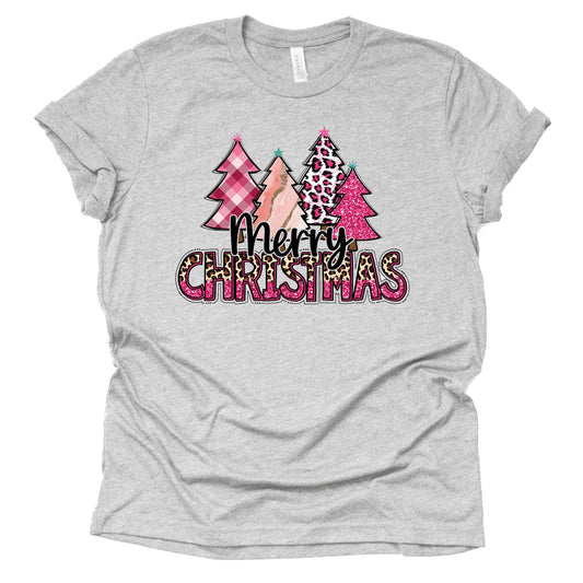 Merry Christmas Pink Leopard Plaid Trees Graphic Shirt