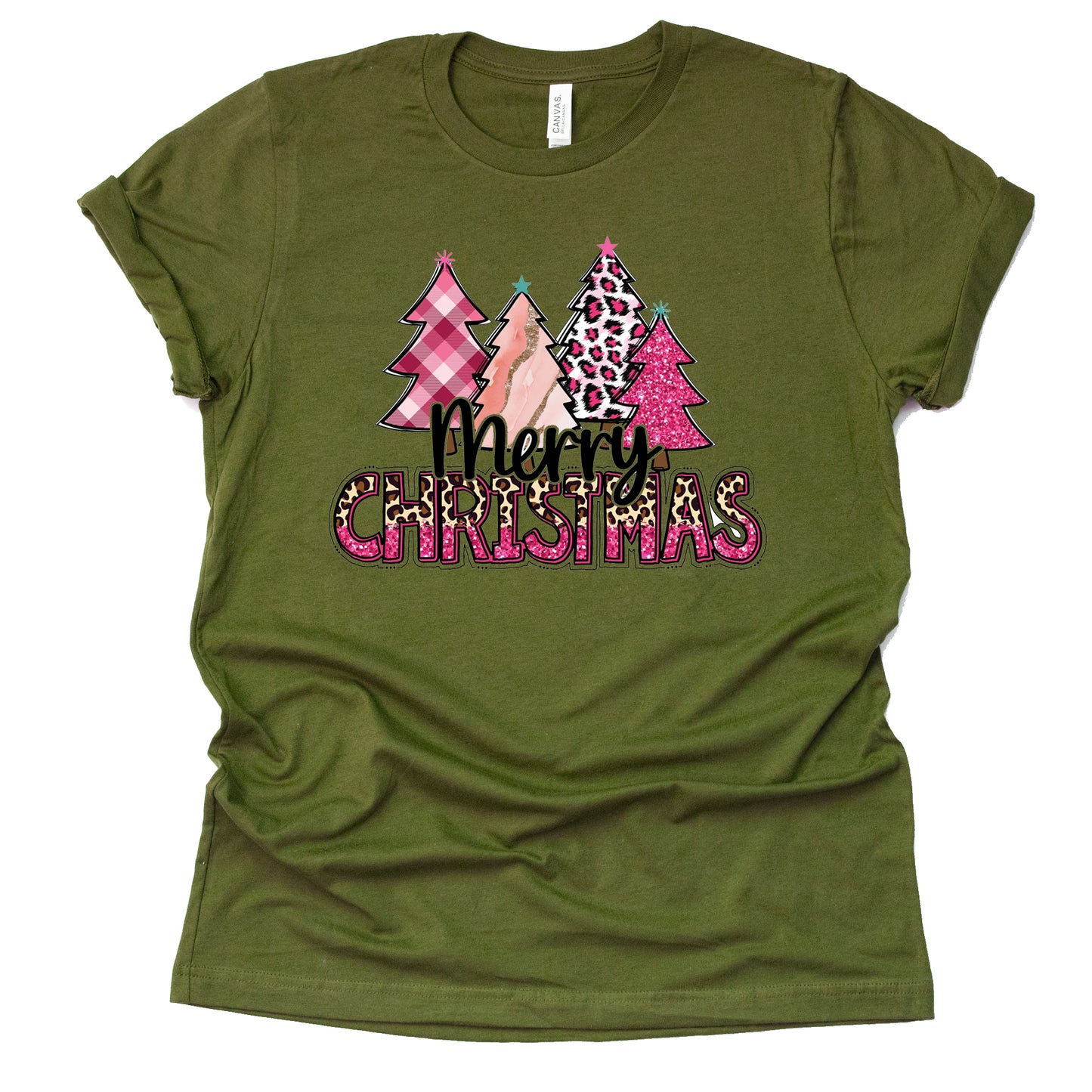 Merry Christmas Pink Leopard Plaid Trees Graphic Shirt