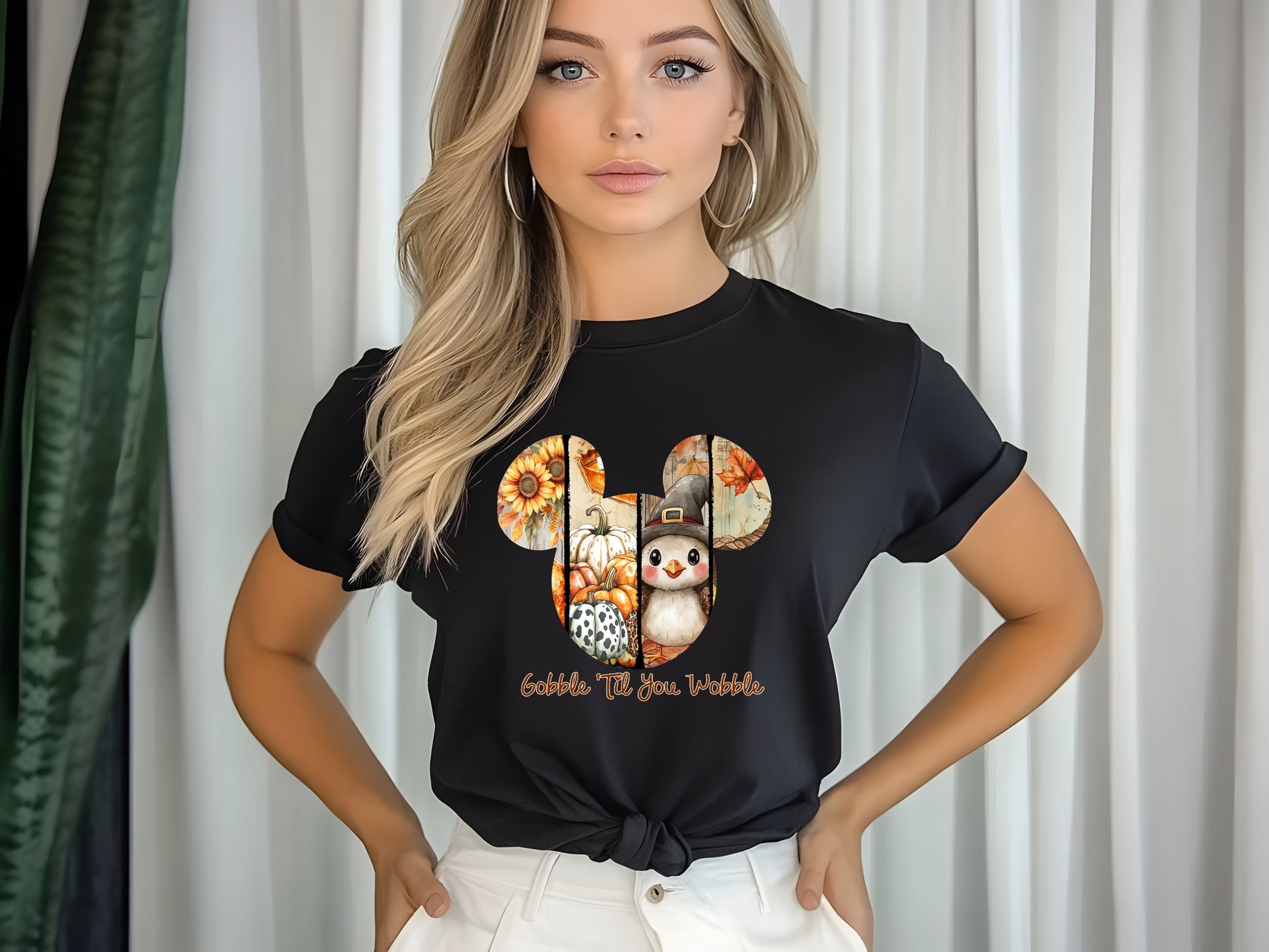Mickey Gobble Until You Wobble Thanksgiving printed graphic shirt with festive fall design