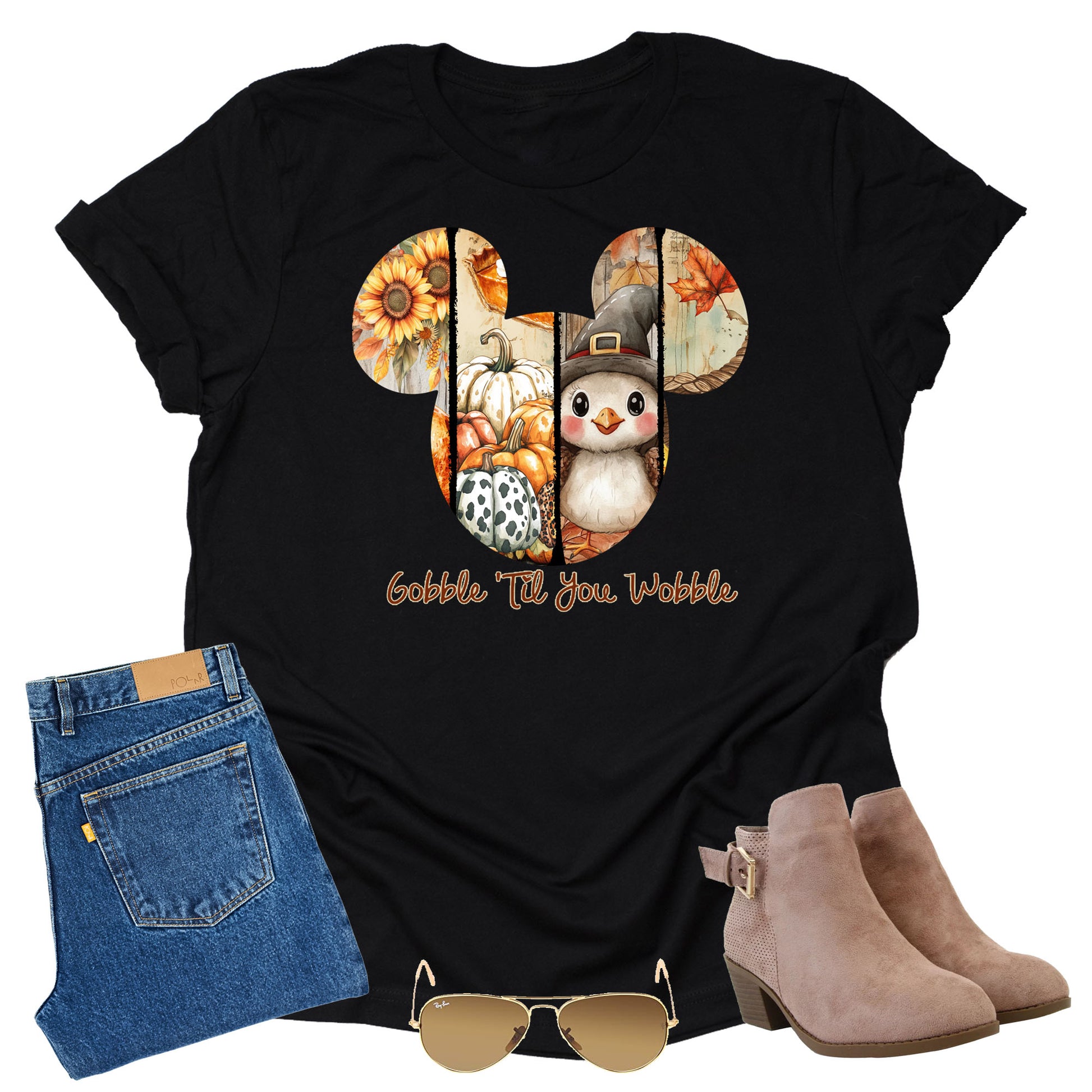 Mickey Gobble Until You Wobble Thanksgiving printed graphic shirt with festive fall design