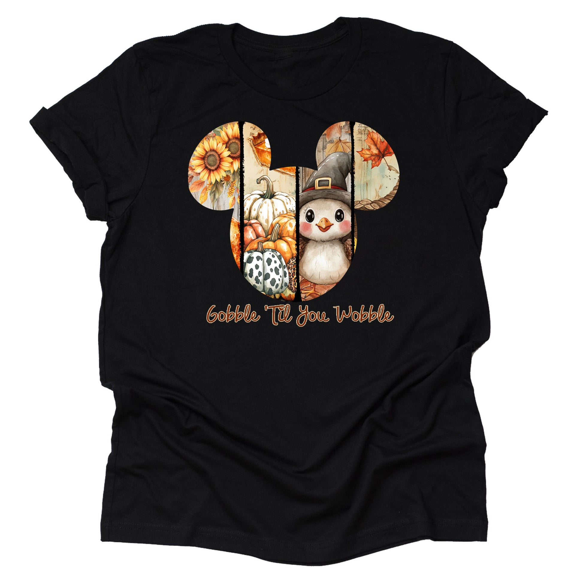 Mickey Gobble Until You Wobble Thanksgiving printed graphic shirt with festive fall design