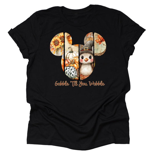 Mickey Gobble Until You Wobble Thanksgiving printed graphic shirt with festive fall design