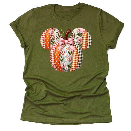 Olive t-shirt Mickey Minnie autumn patchwork Thanksgiving fall harvest printed graphic shirt tee
