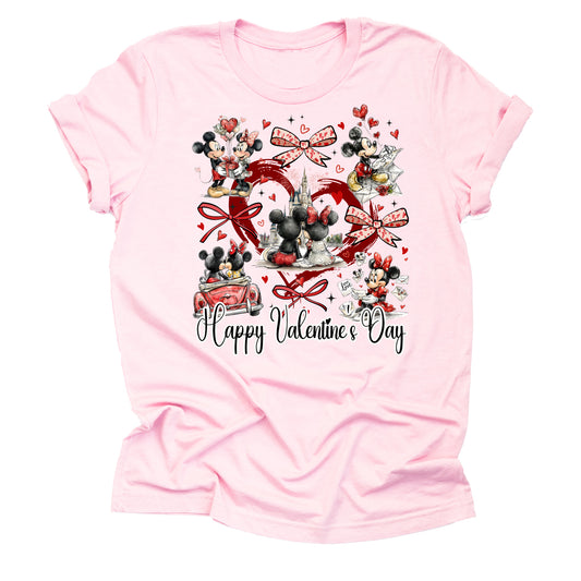 Pink t-shirt with Valentine's Day design featuring disney's mickey minnie cartoon characters with big red heart and bows and text "Happy Valentine's Day" 