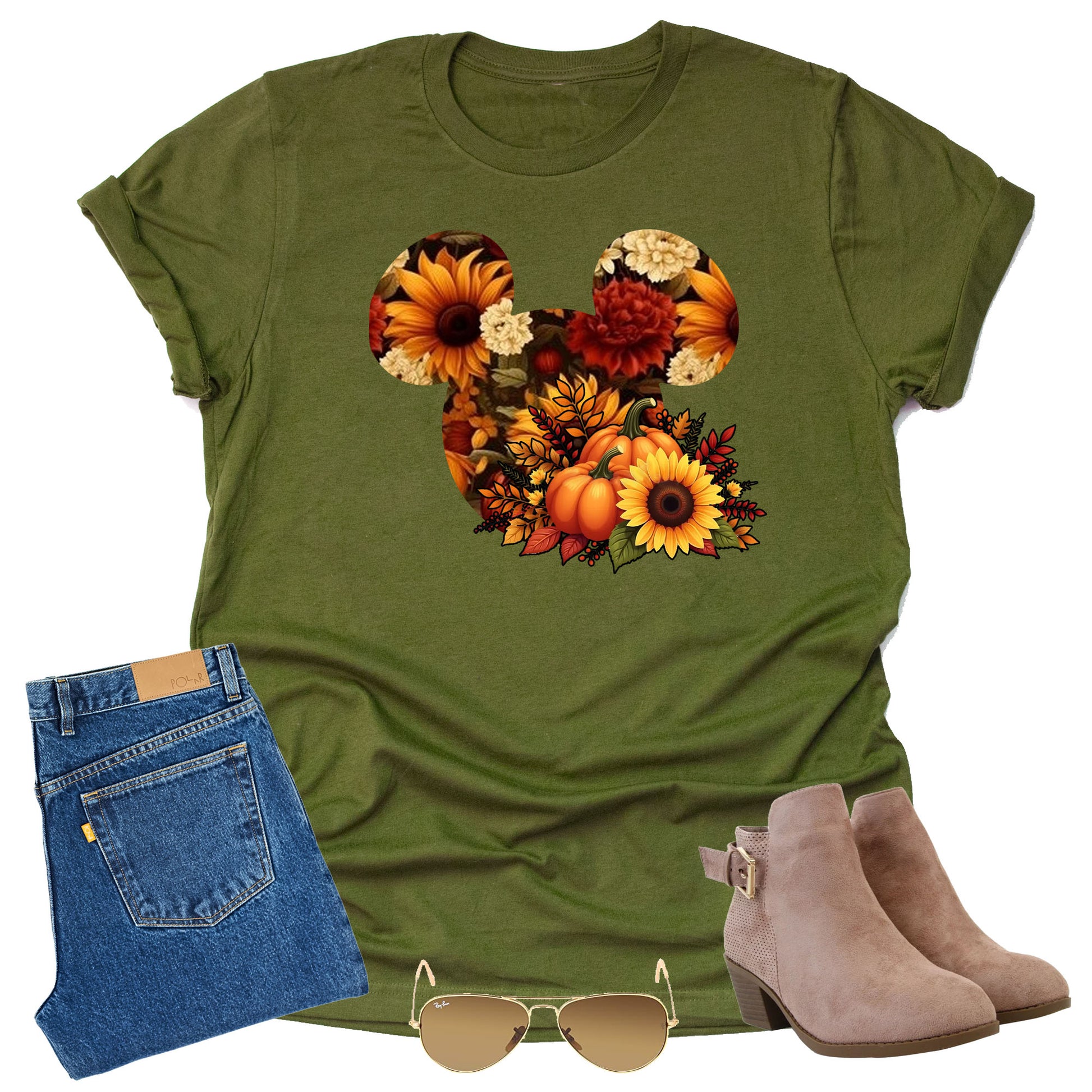 Mickey sunflower autumn pumpkin Thanksgiving printed graphic shirt with festive fall design