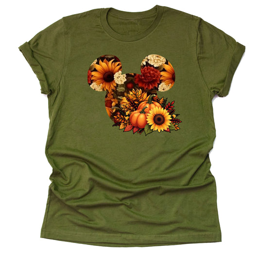 Mickey sunflower autumn pumpkin Thanksgiving printed graphic shirt with festive fall design